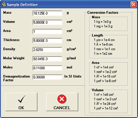 VSMSoftware1 define sample parameters